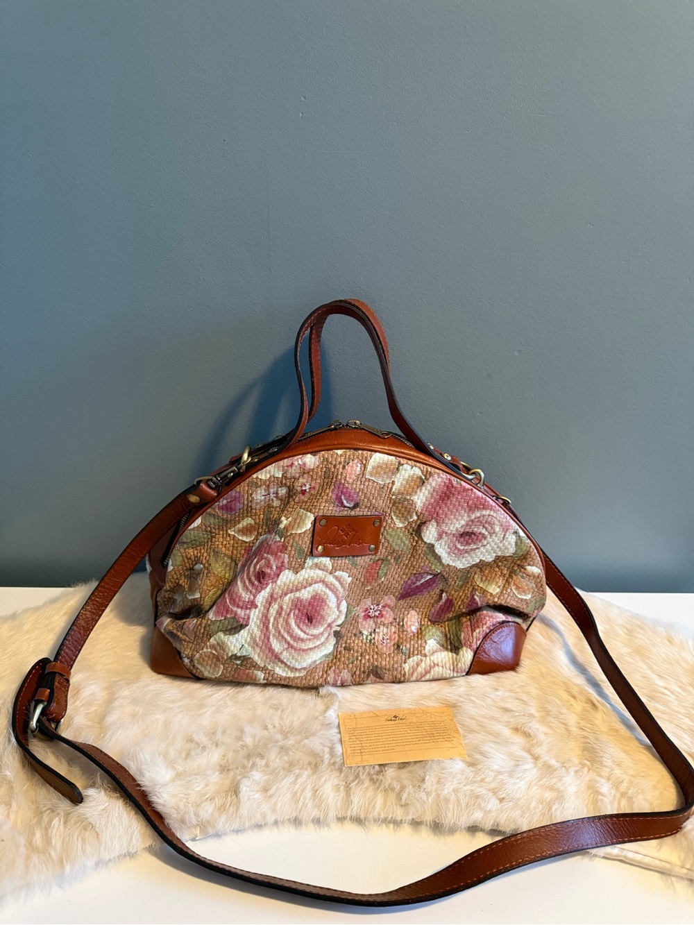 Patricia Nash Fiora Dome Crackled Rose Garden Straw Satchel Handbag